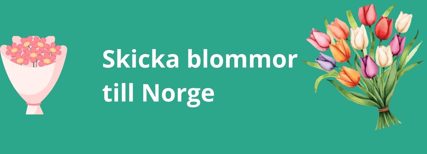 Blombuketter och texten Skicka blommor till Norge