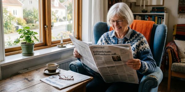 Gammal dam läser tidning